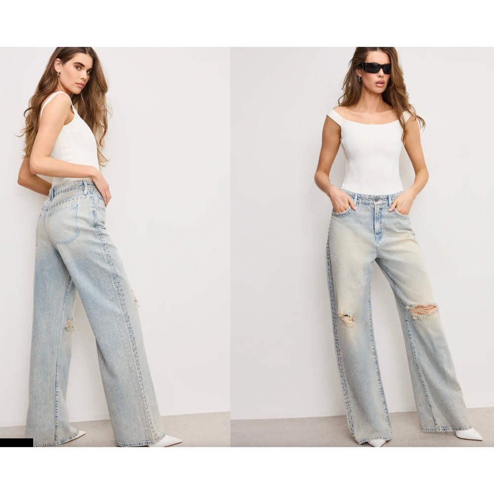 Good American Good Ease Studded Wide Leg Jeans 12/31 Distressed